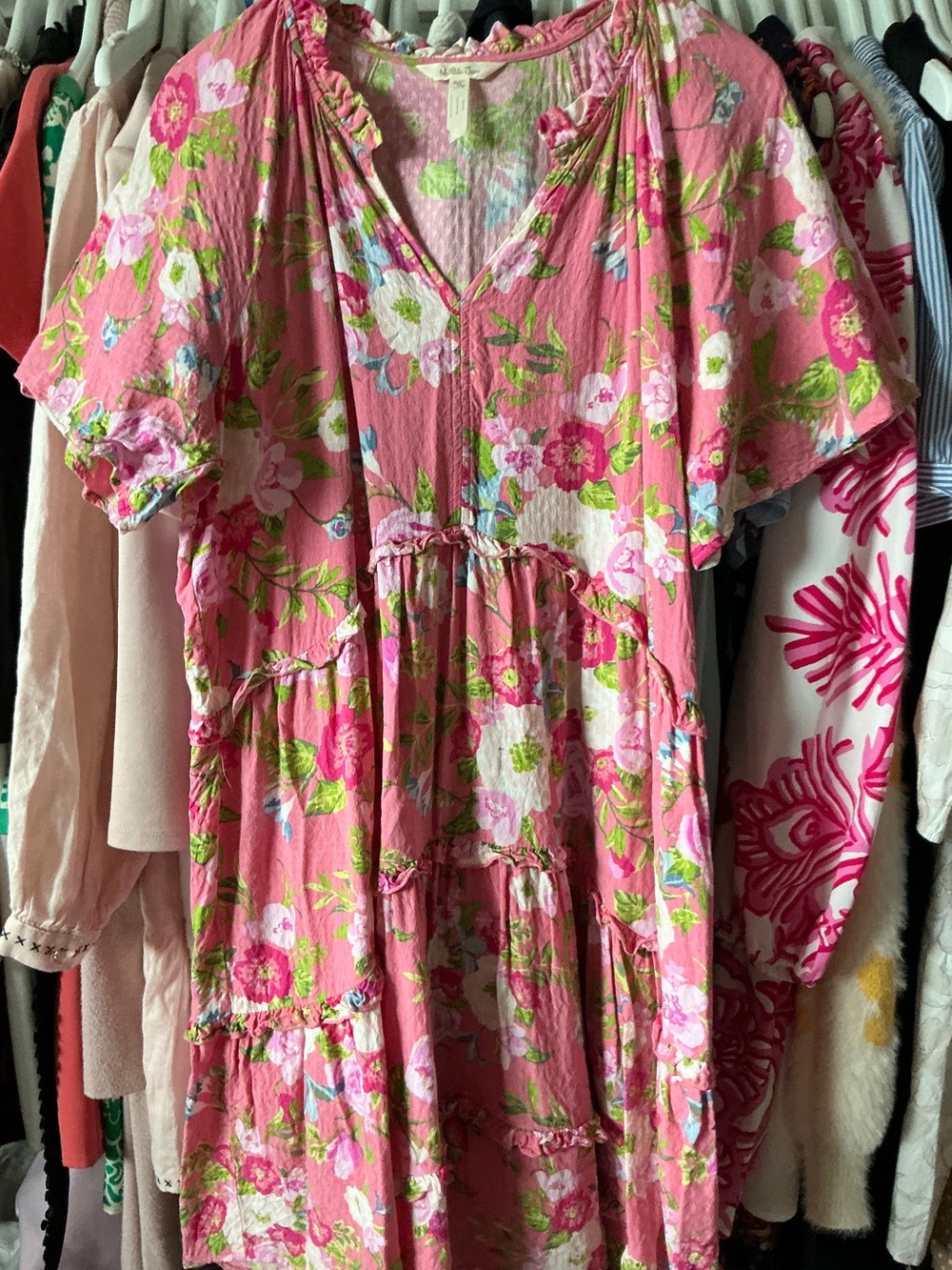 Matilda Jane Pink Floral Tiered Dress with Blue and Green Accents size medium